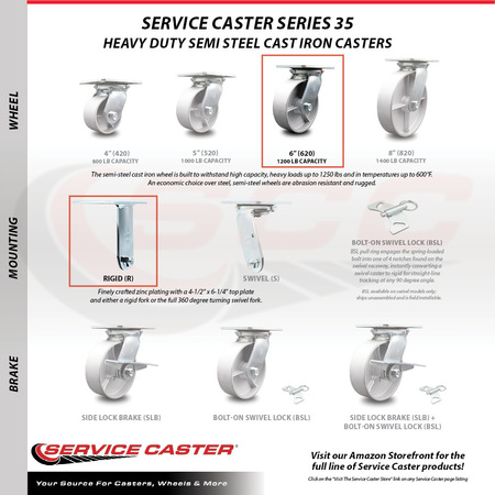 Service Caster 6 Inch Heavy Duty Top Plate Semi Steel Rigid Caster with Roller Bearing SCC SCC-35R620-SSR